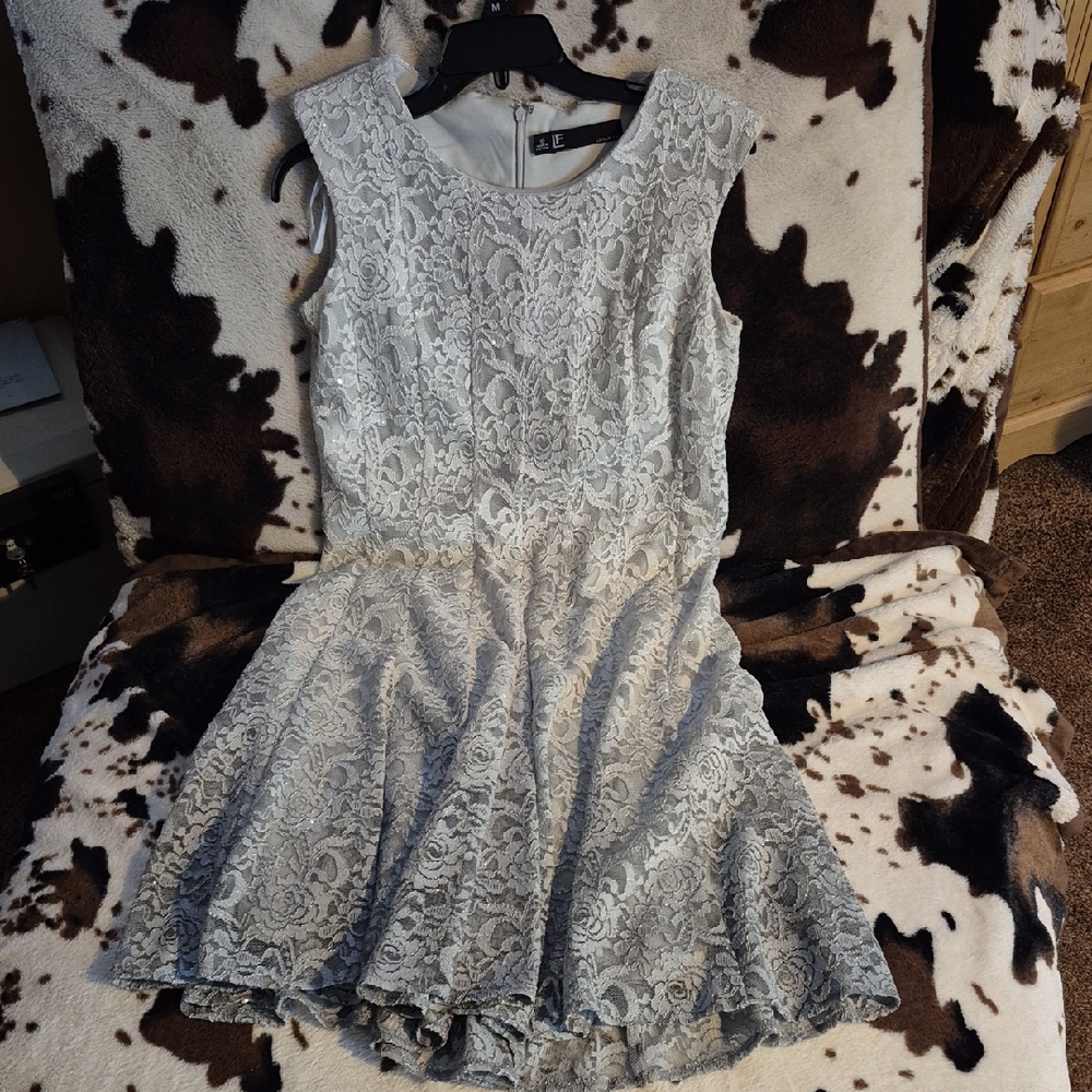 Elegant Lace Womens Dress in Gray, With Lots Of Sparkle, Gray/ Silver.